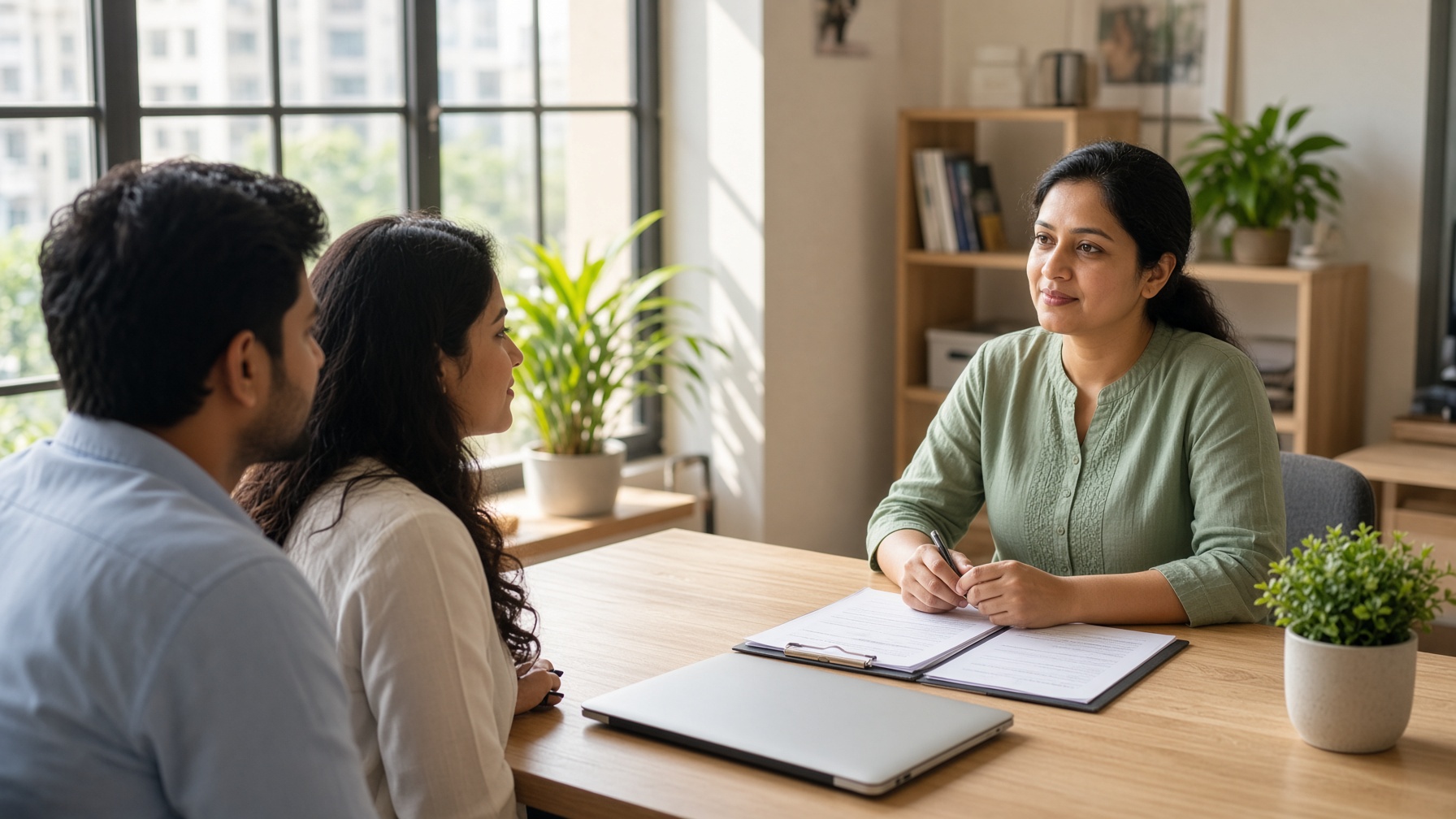 A discussion over loan papers at a desk